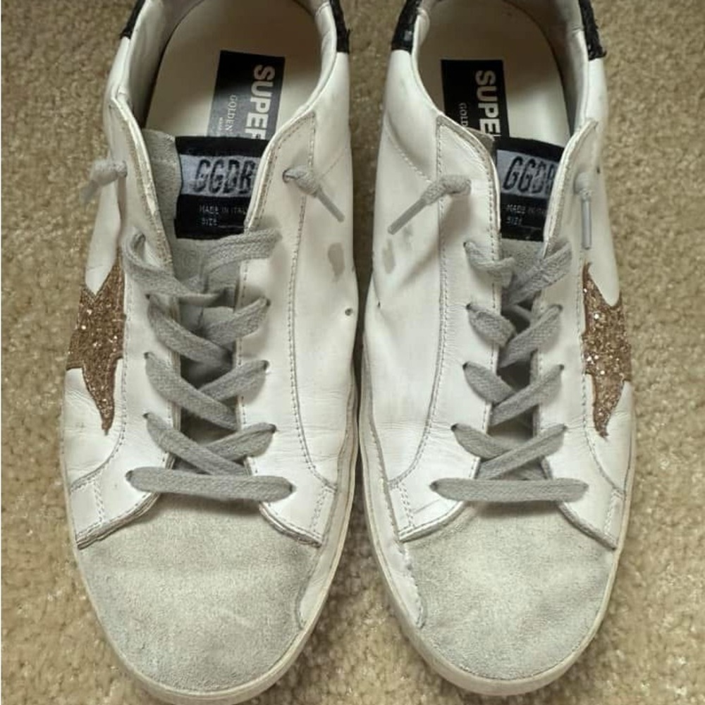 Golden Goose White and Gold Sneakers Distressed Style